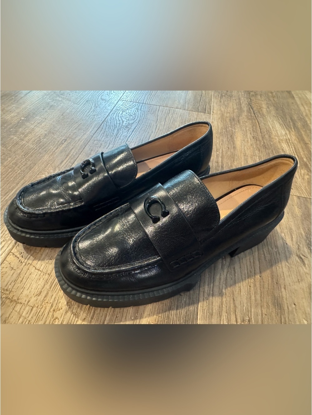Coach Black Leah Leather Chunky Logo Platform Loafers Sz 9